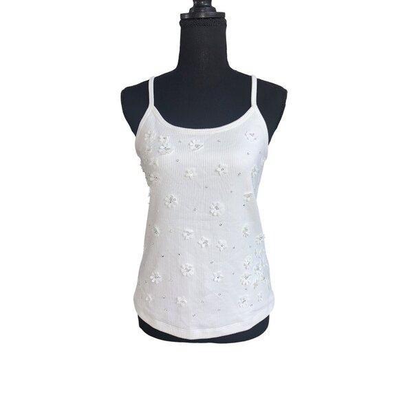 A New Day Womens White Floral Embellished Ribbed Tank Top With Spaghetti Straps - Picture 1 of 15